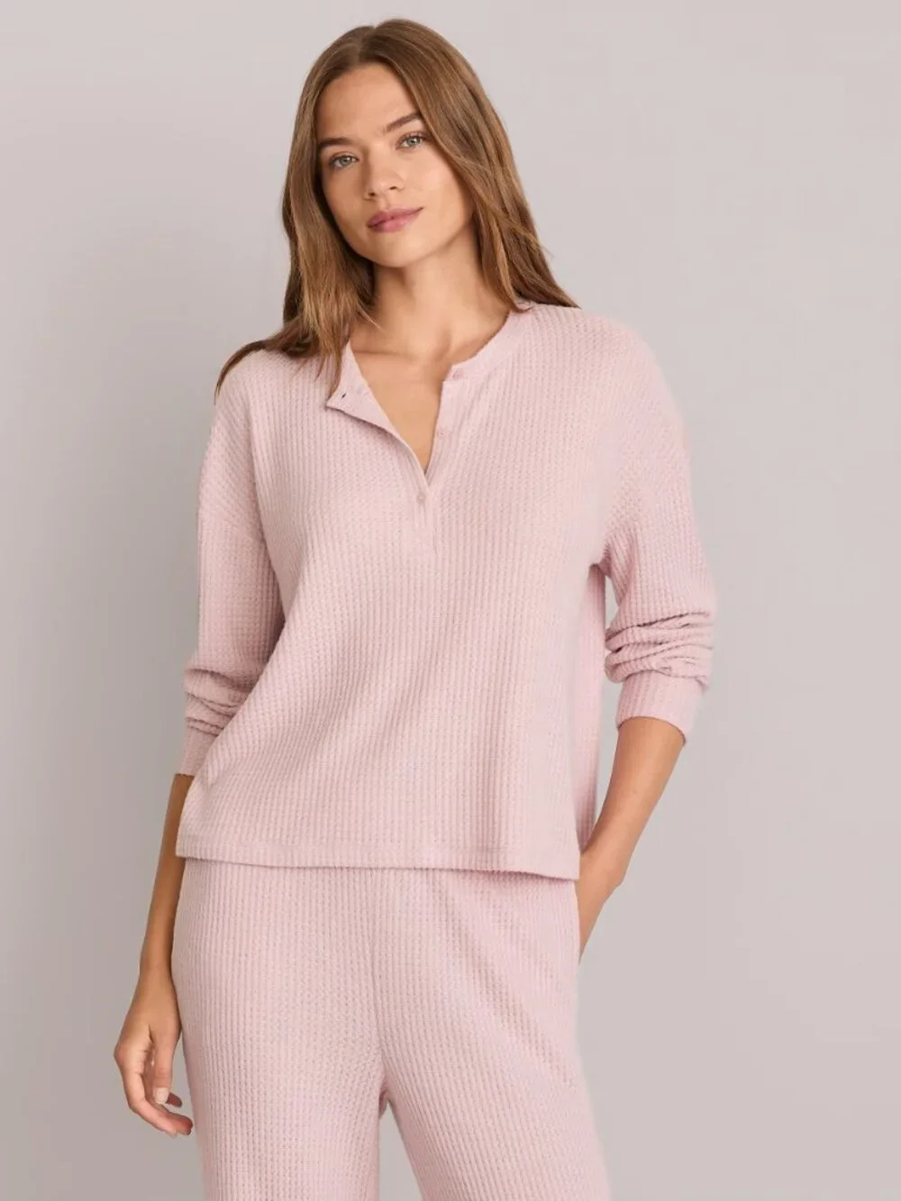 2/$30 Lou & Grey Brushed Waffle Henley Pajama Top Mauve Mist XL #A3878